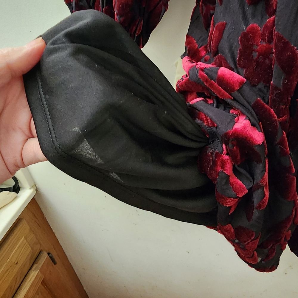 Taylor Black & Red Velvet Burnout Tiered Dress 16 Whimsigoth Witchy Dark Fairy - Picture 6 of 12